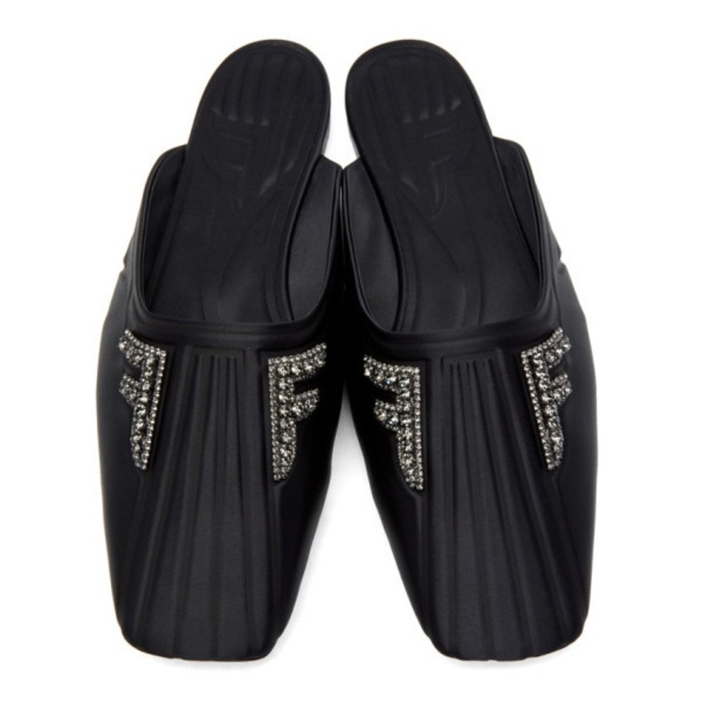 Fendi Black Satin Crystal Embellished FFreedom Mules